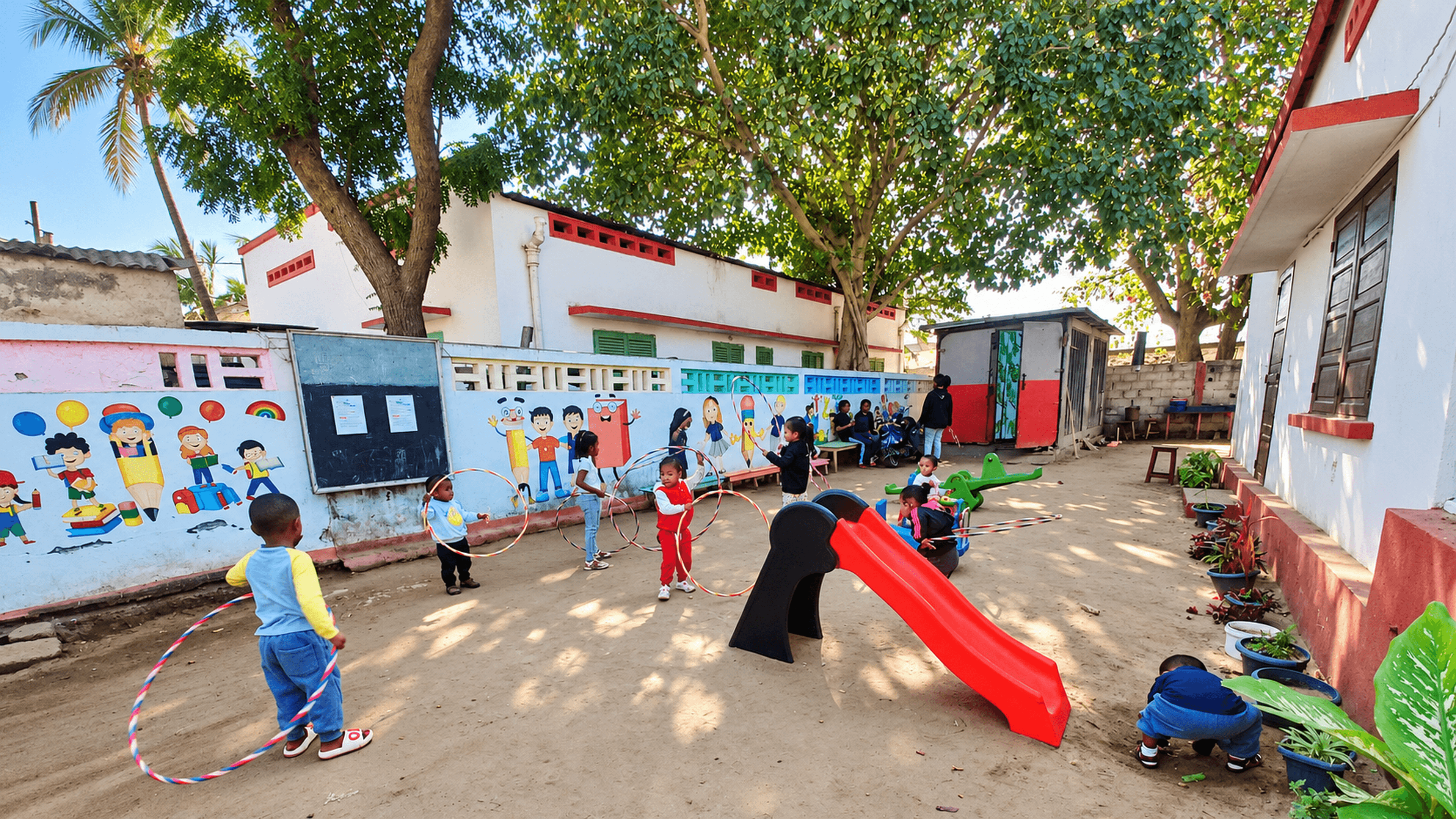 Children playing in the Fitiava Academy courtyard, with the school buildings and murals behind them